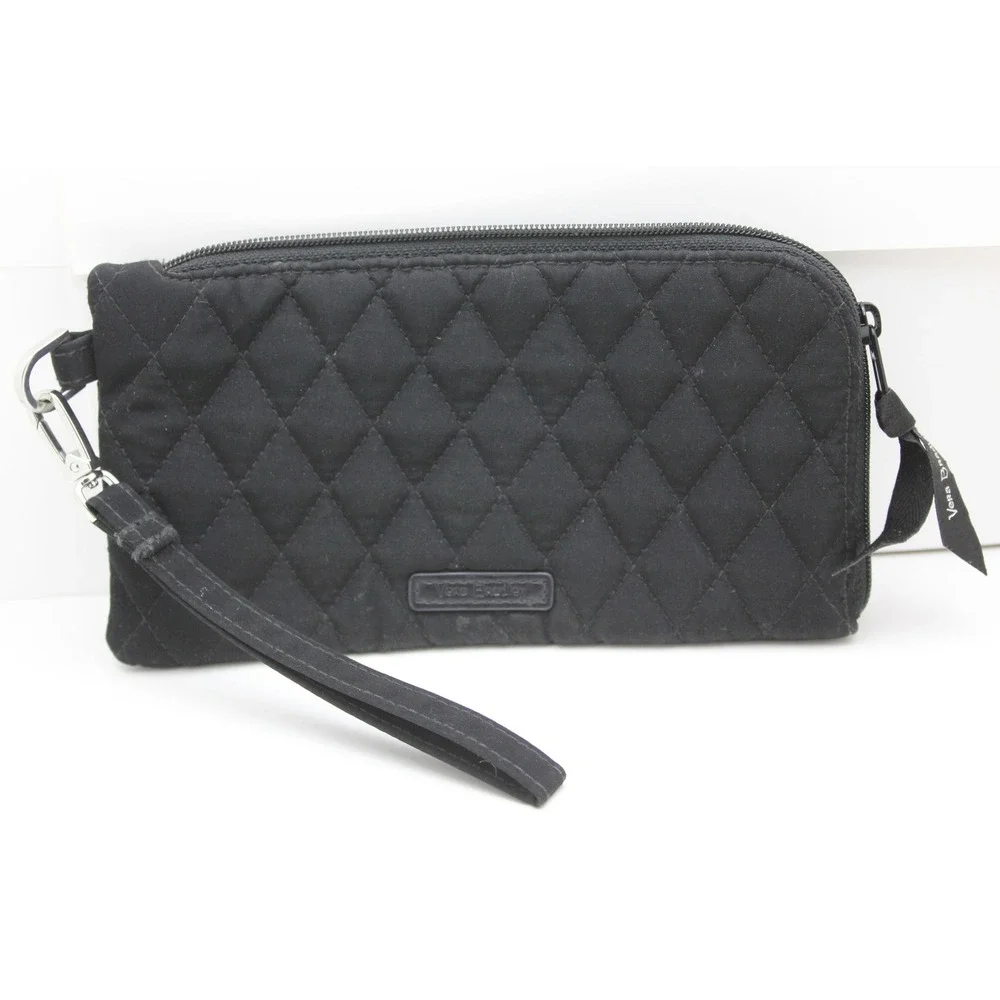 Vera Bradley Black Quilted Cotton Wristlet Wallet with Floral Interior ID Window
